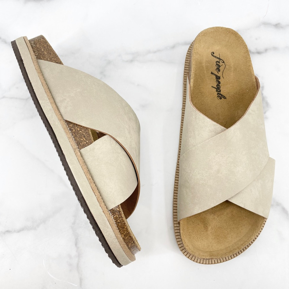 NEW Free People Sidelines Womens Sandals Beige Criss Cross Slide Slip Ons 8